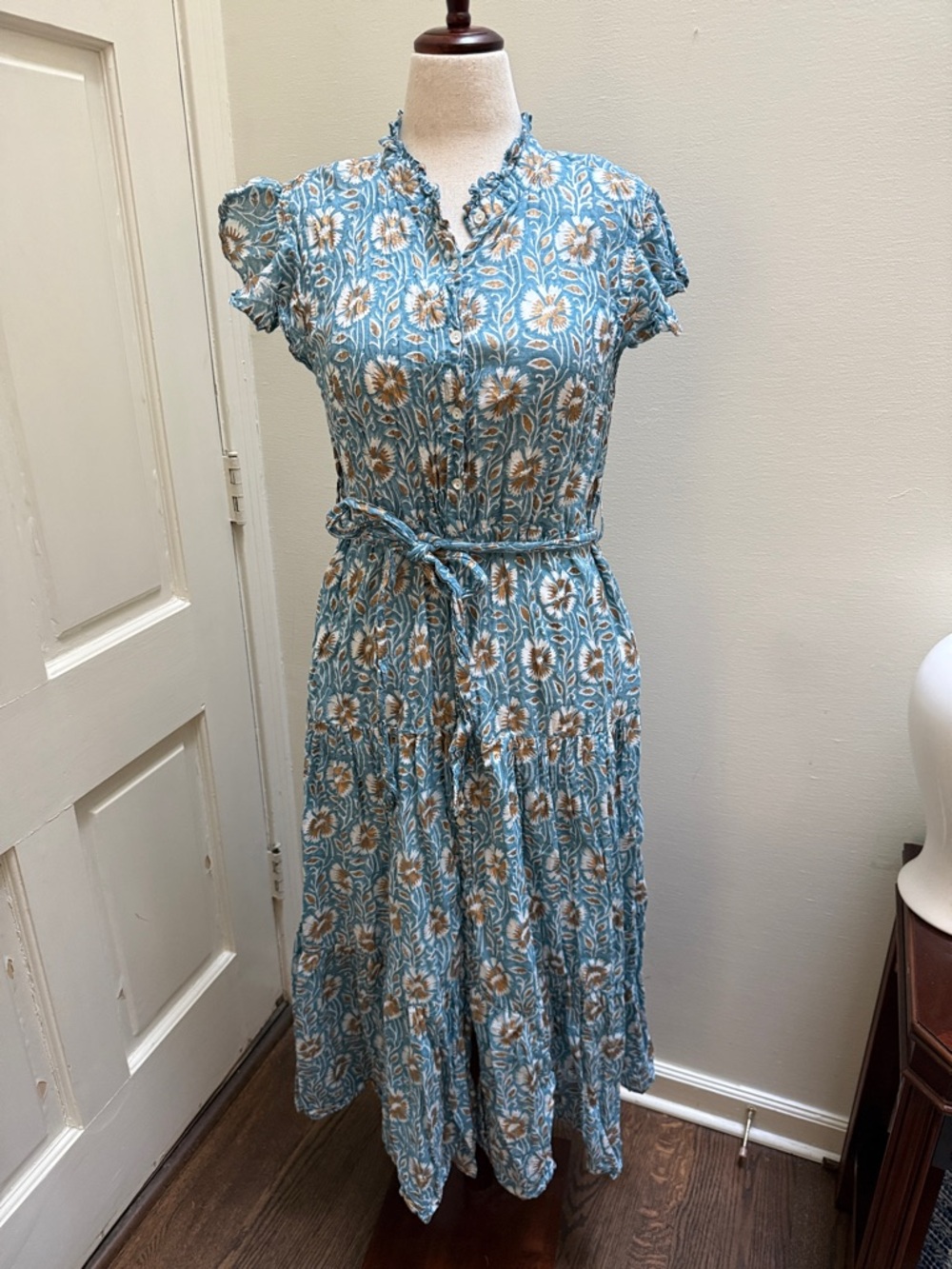 Oliphant Blue Floral Midi Dress with Cream Accents